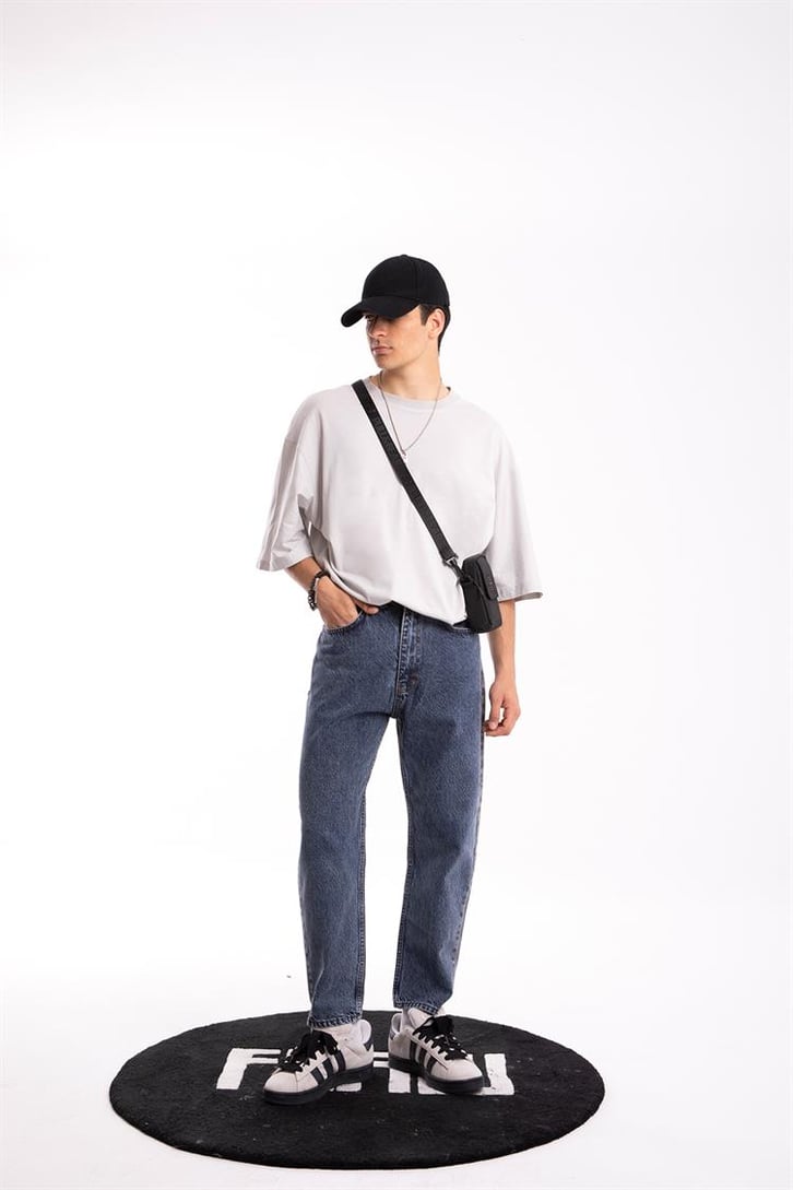 Çift Renkli Koyu Mavi Mom Fit Jean