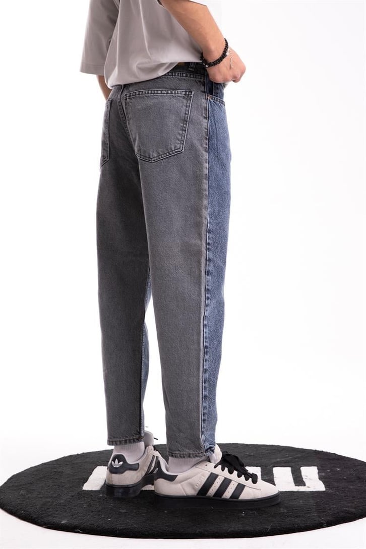 Çift Renkli Koyu Mavi Mom Fit Jean