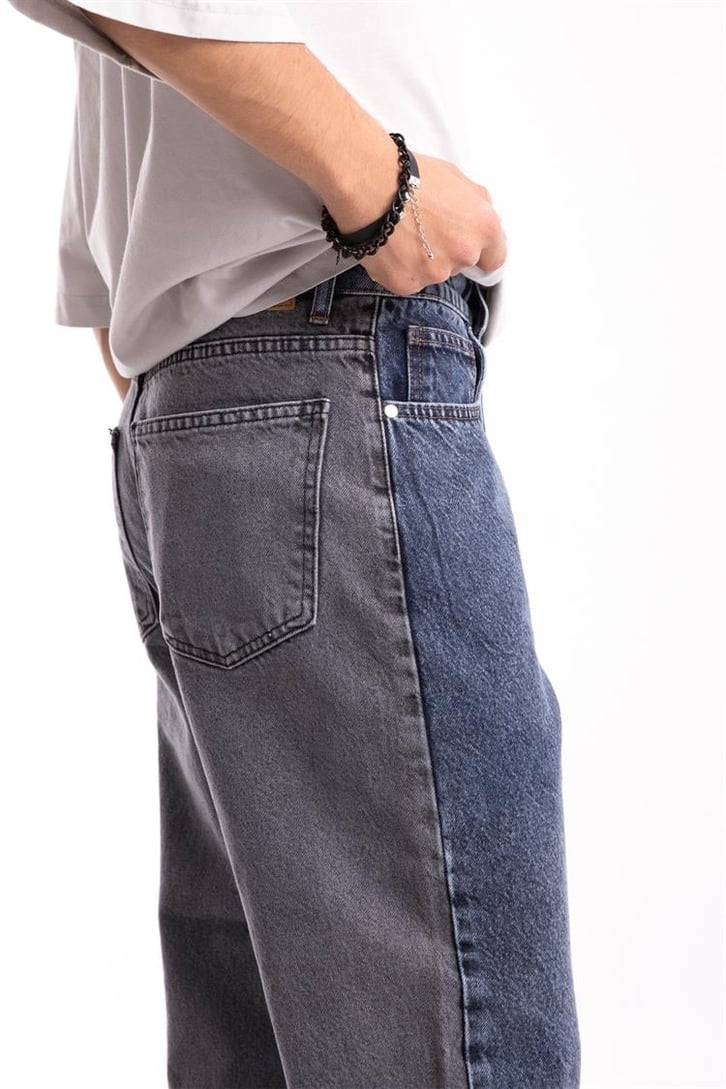 Çift Renkli Koyu Mavi Mom Fit Jean