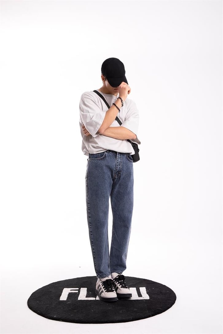 Çift Renkli Koyu Mavi Mom Fit Jean