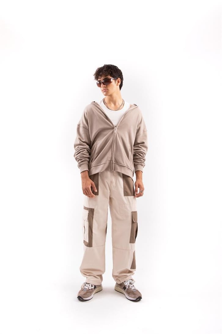 Çift Renkli Krem Kargo Baggy Pantolon