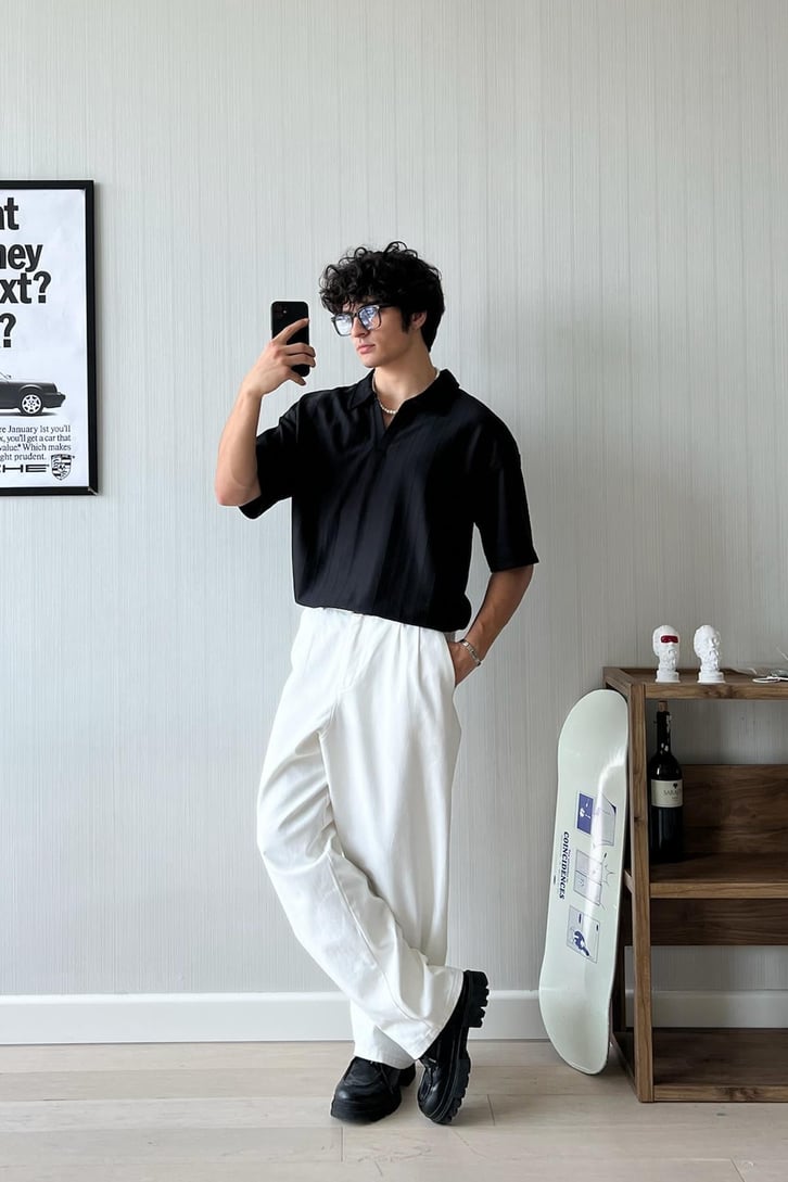 Çizgi Dokulu Oversize Polo Yaka Tişört
