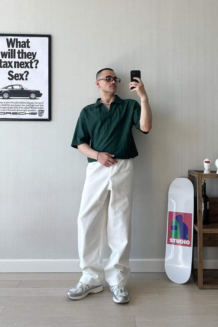 Çizgi Dokulu Oversize Polo Yaka Tişört
