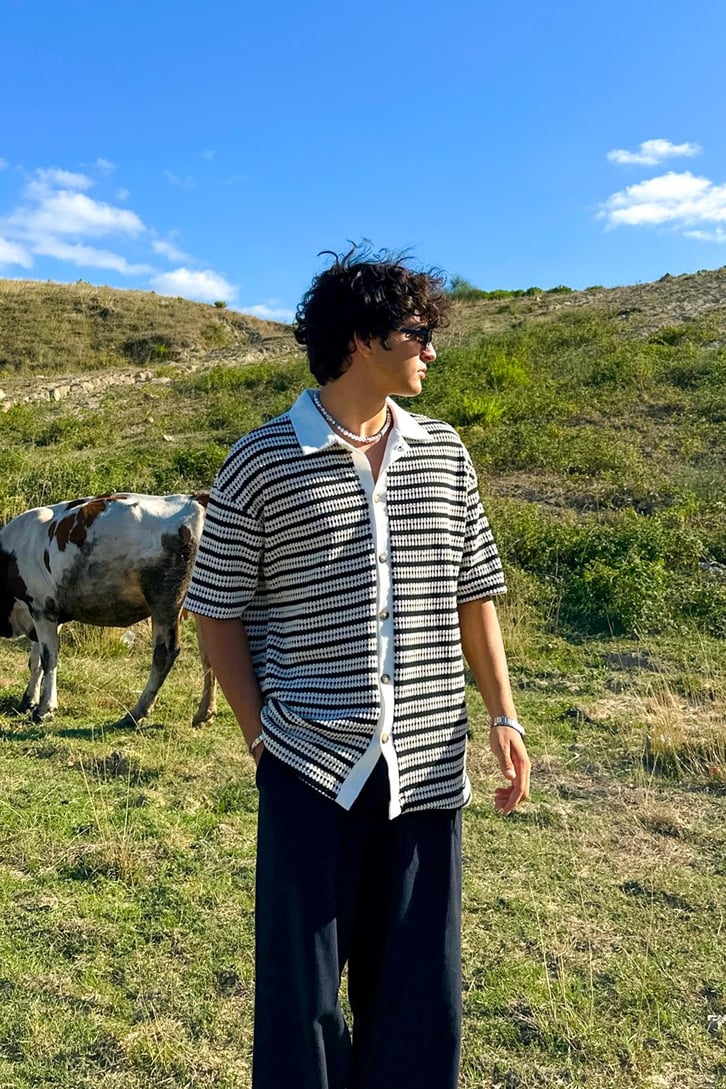 Çizgili Ajurlu Oversize Gömlek
