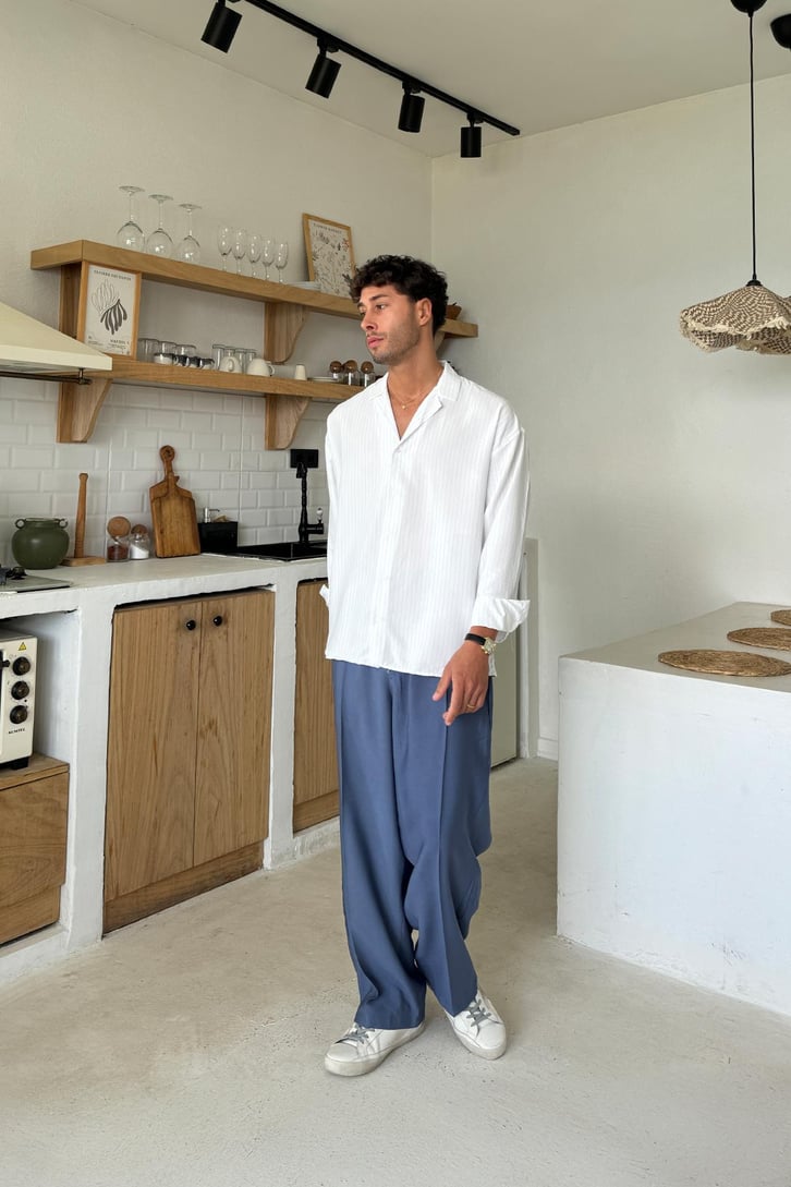 Çizgili Apaş Yaka Oversize Gömlek