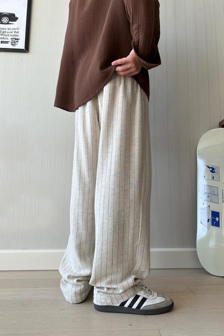 Çizgili Beli Lastikli Keten Pantolon