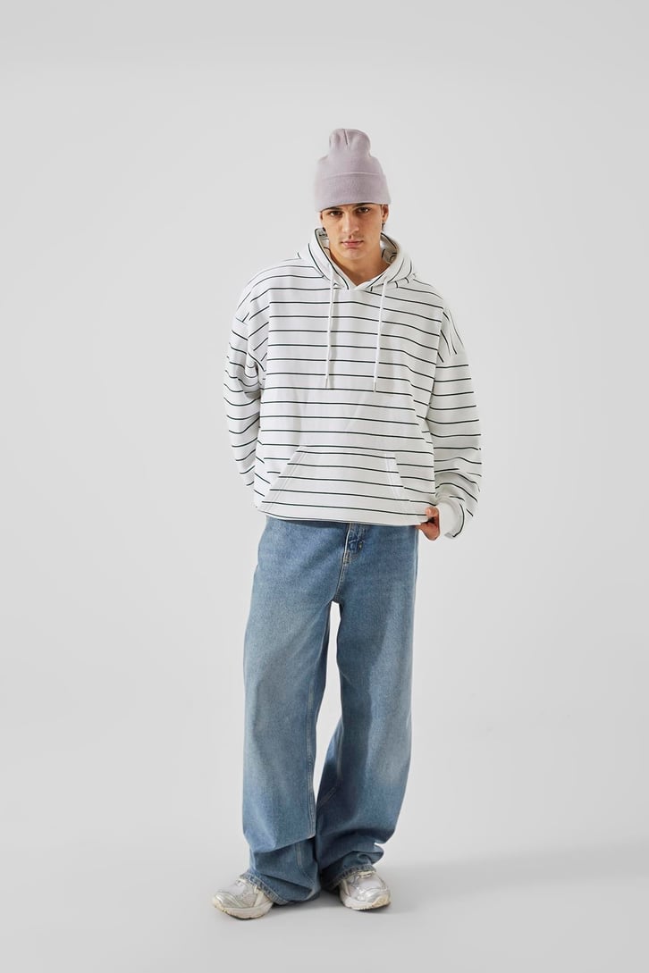 Çizgili Beyaz Oversize Hoodie