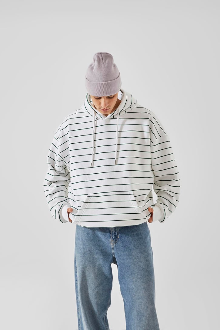 Çizgili Beyaz Oversize Hoodie
