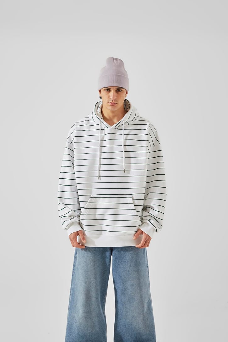 Çizgili Beyaz Oversize Hoodie