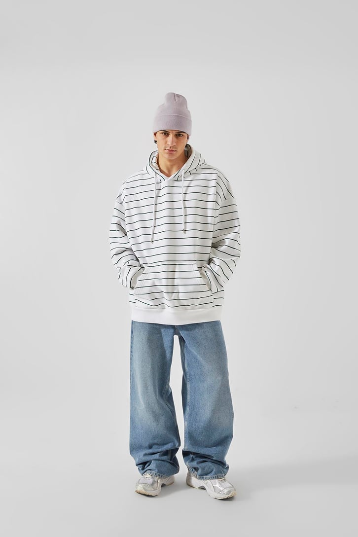 Çizgili Beyaz Oversize Hoodie