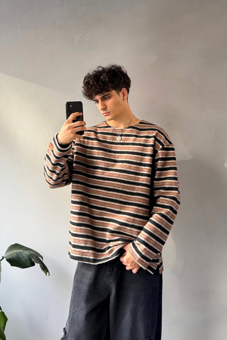 Çizgili Bisiklet Yaka Oversize Sweatshirt