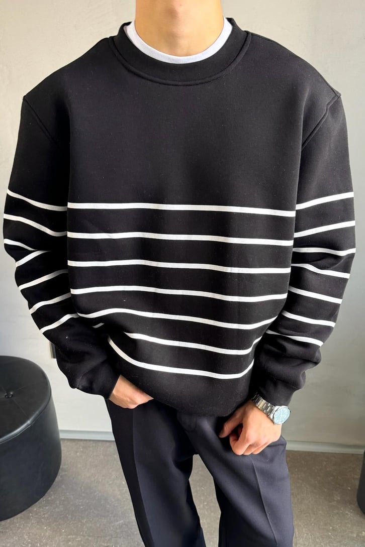 Çizgili Bisiklet Yaka Sweatshirt