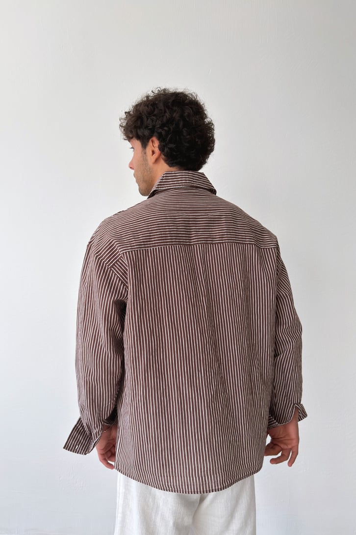 Çizgili Bordo Keten Oversize Gömlek