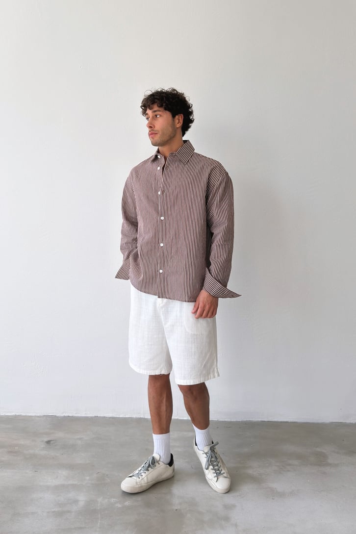 Çizgili Bordo Keten Oversize Gömlek