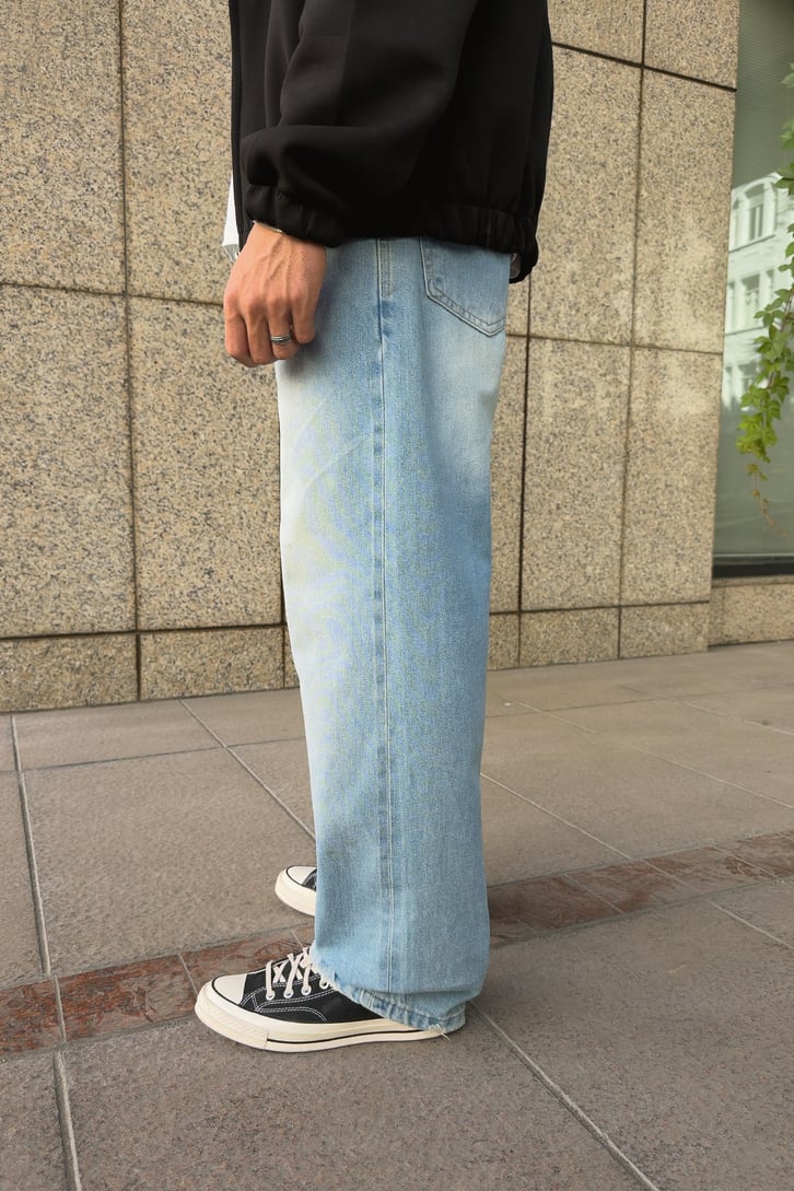 Çizgili Eksitmeli Baggy Fit Jean
