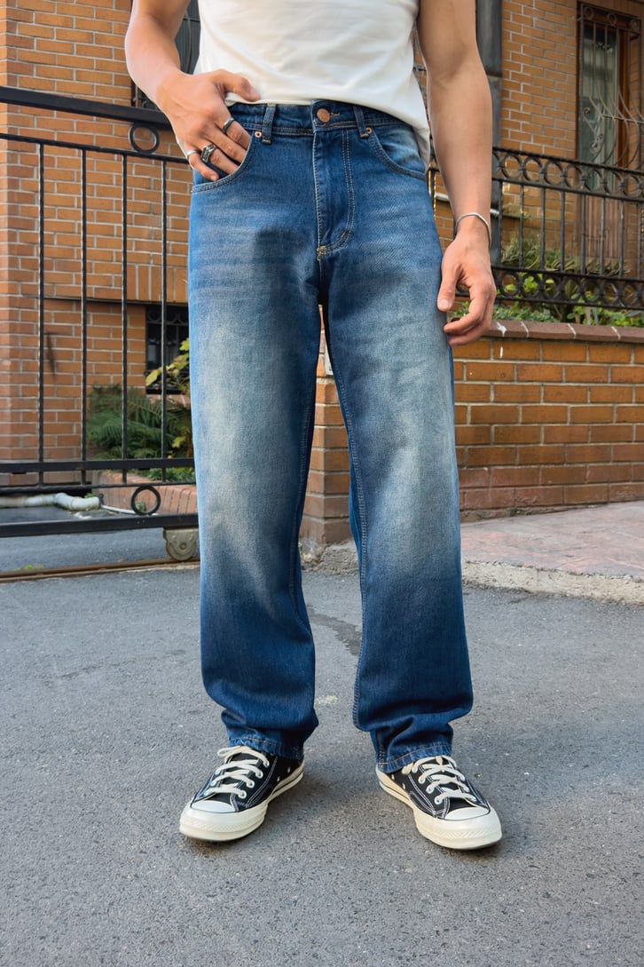 Çizgili Eksitmeli Baggy Fit Jean