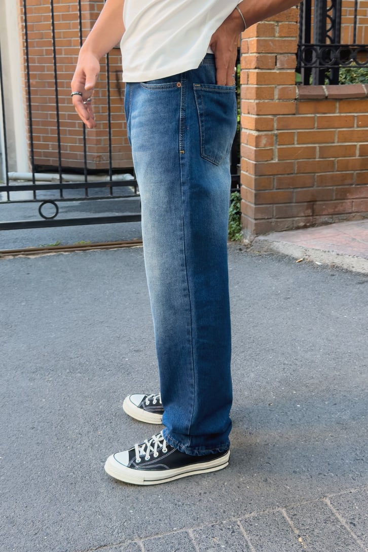 Çizgili Eksitmeli Baggy Fit Jean