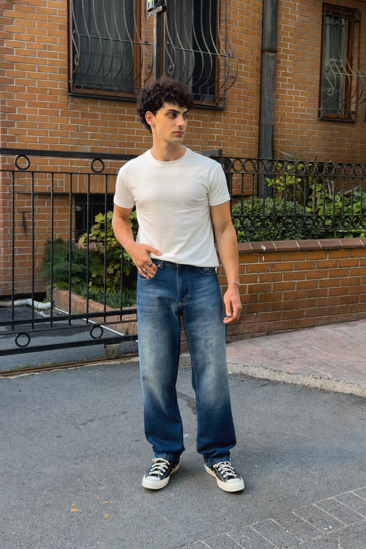Çizgili Eksitmeli Baggy Fit Jean