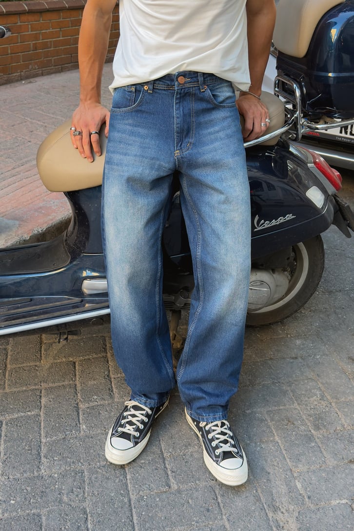 Çizgili Eksitmeli Baggy Fit Jean