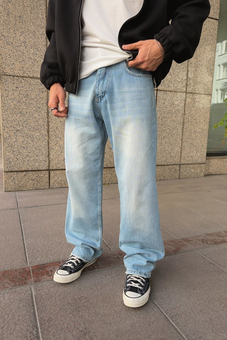 Çizgili Eksitmeli Baggy Fit Jean