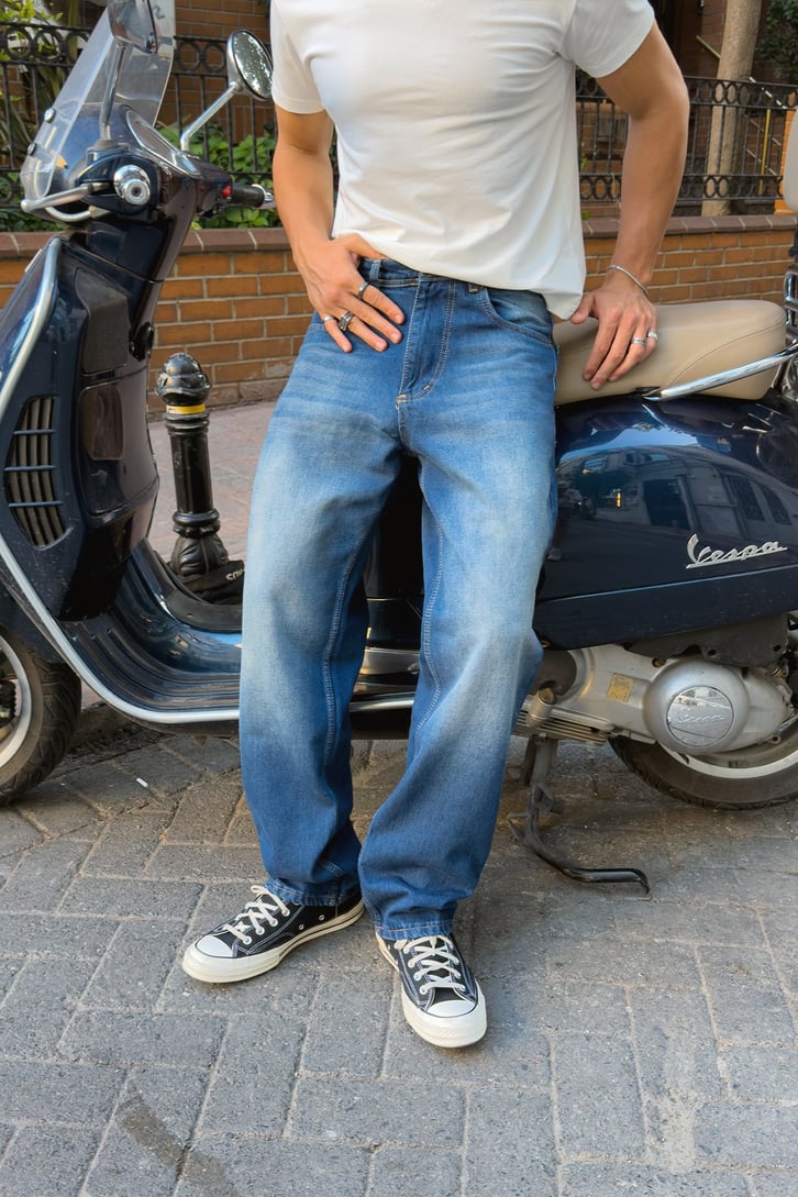 Çizgili Eksitmeli Baggy Fit Jean