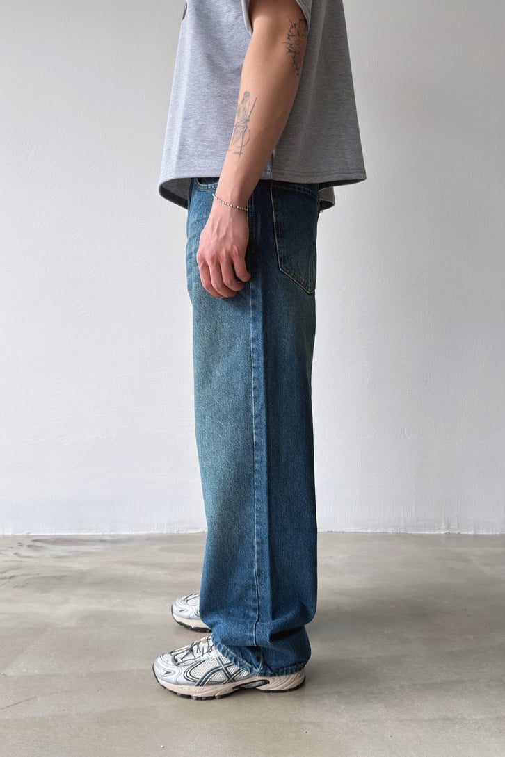 Çizgili Eskitme Model Baggy Jean