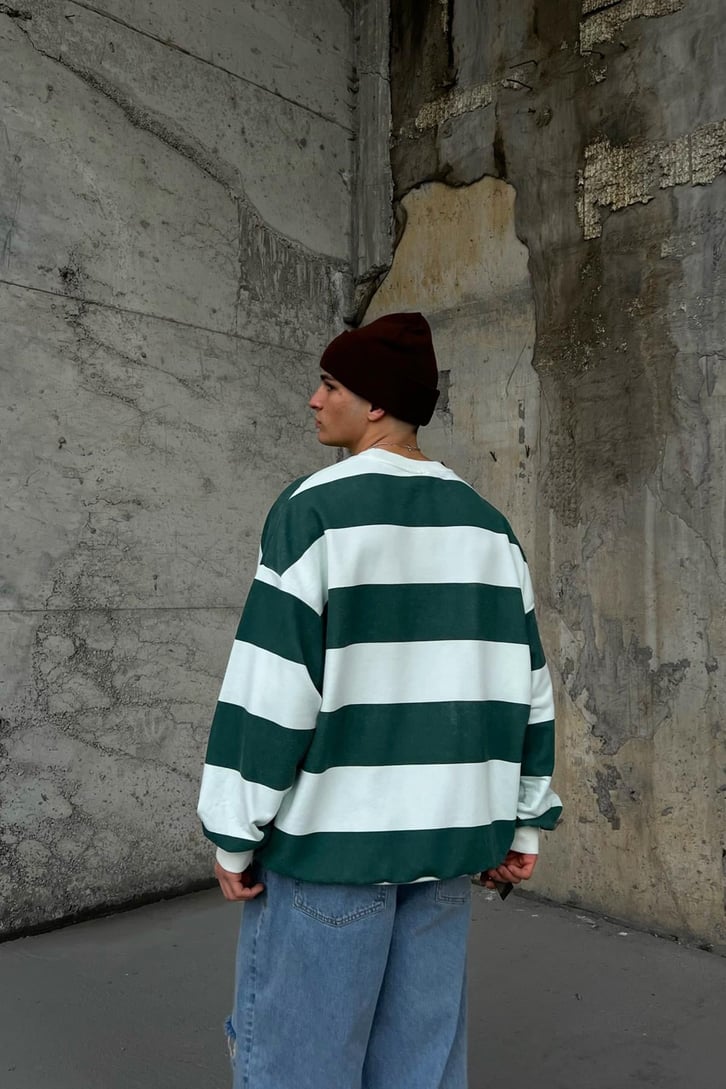 Çizgili Haki Oversize Sweatshirt