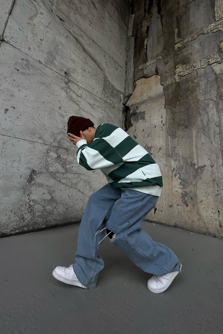 Çizgili Haki Oversize Sweatshirt