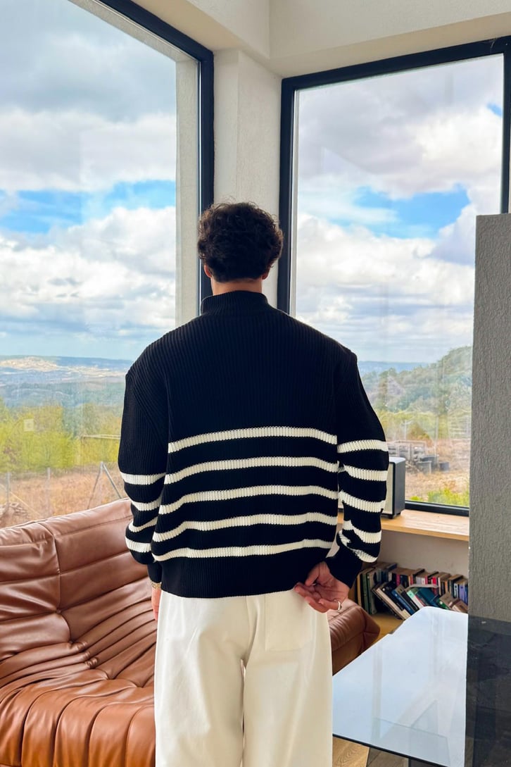 Çizgili Half Zip Triko Kazak