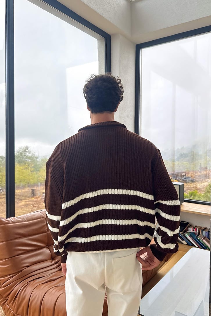 Çizgili Half Zip Triko Kazak