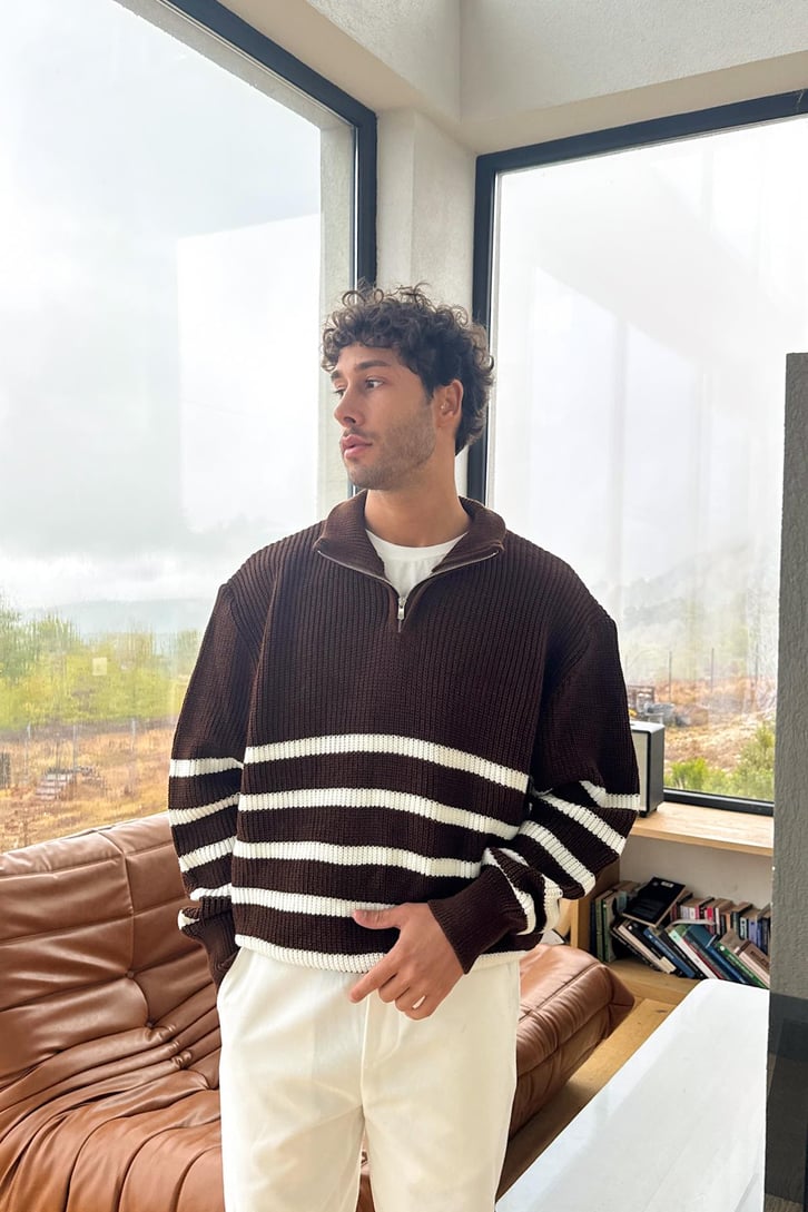 Çizgili Half Zip Triko Kazak