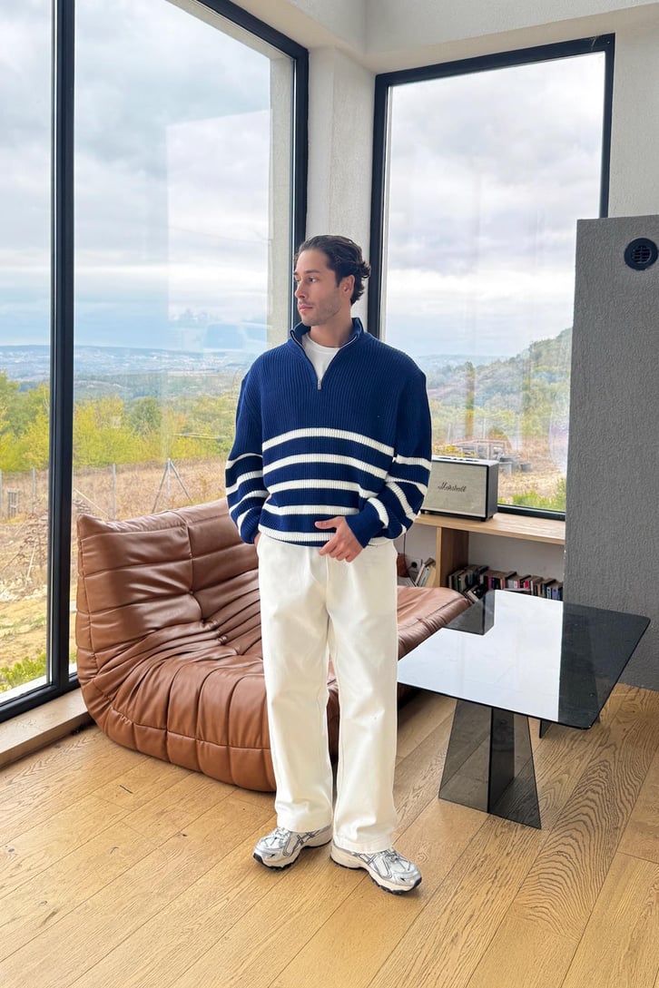 Çizgili Half Zip Triko Kazak