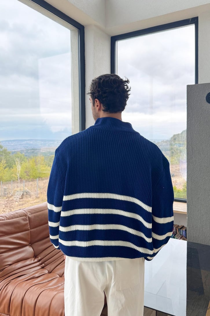Çizgili Half Zip Triko Kazak