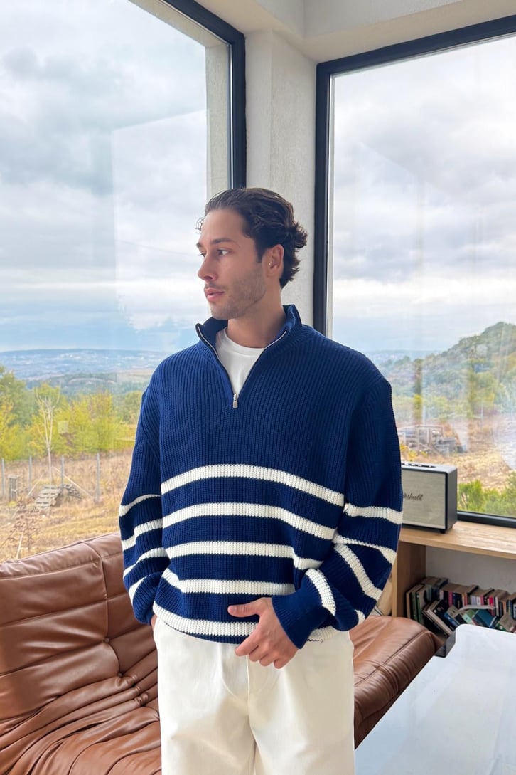 Çizgili Half Zip Triko Kazak