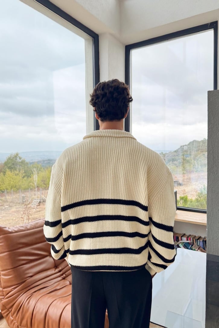 Çizgili Half Zip Triko Kazak