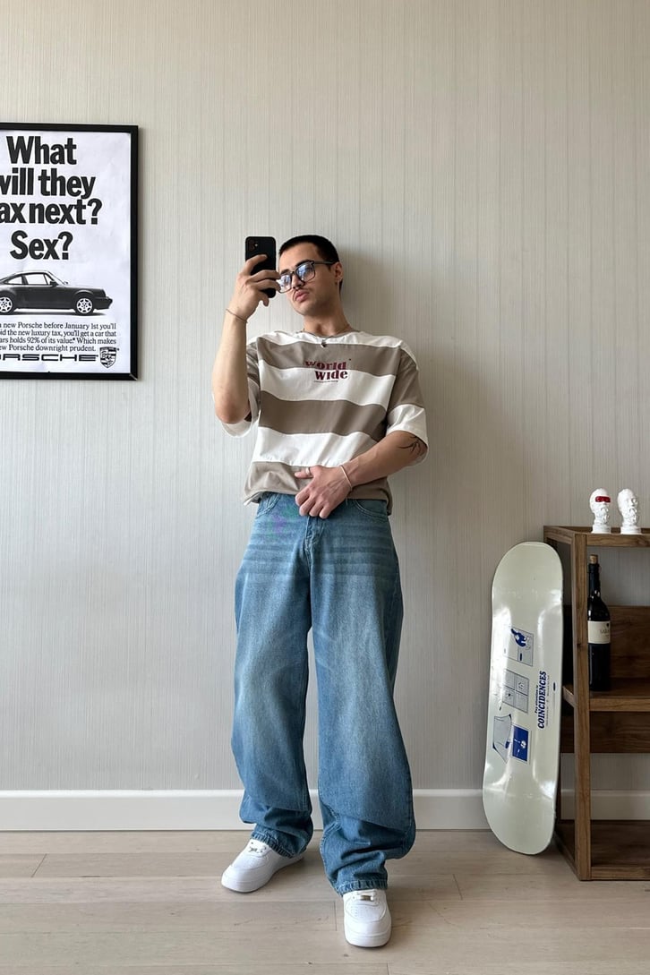 Çizgili Koyu Mavi Baggy Jean