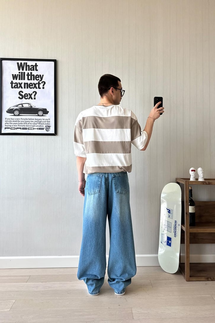 Çizgili Koyu Mavi Baggy Jean