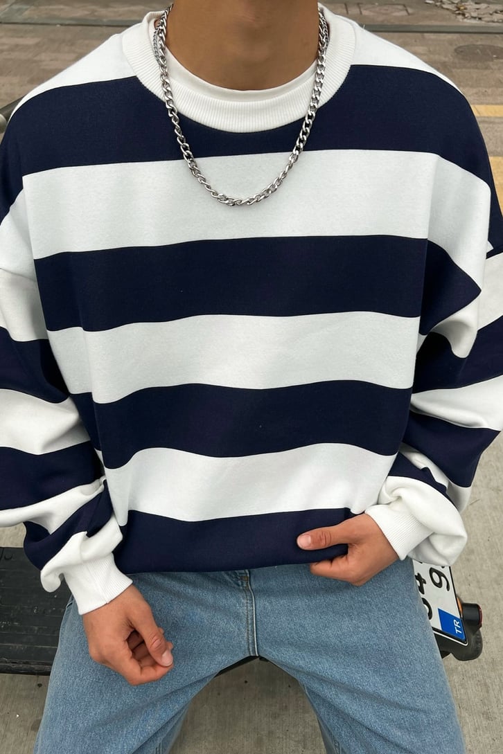 Çizgili Lacivert Oversize Sweatshirt