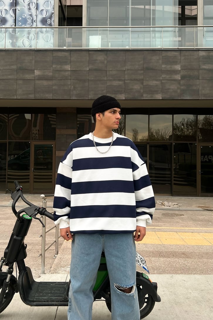 Çizgili Lacivert Oversize Sweatshirt