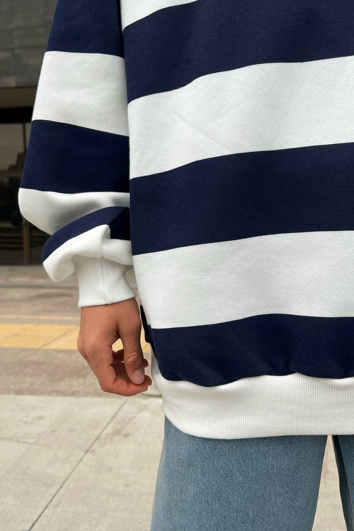 Çizgili Lacivert Oversize Sweatshirt