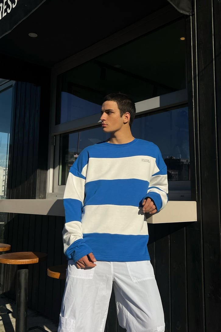 Çizgili Mavi Oversize Sweatshirt