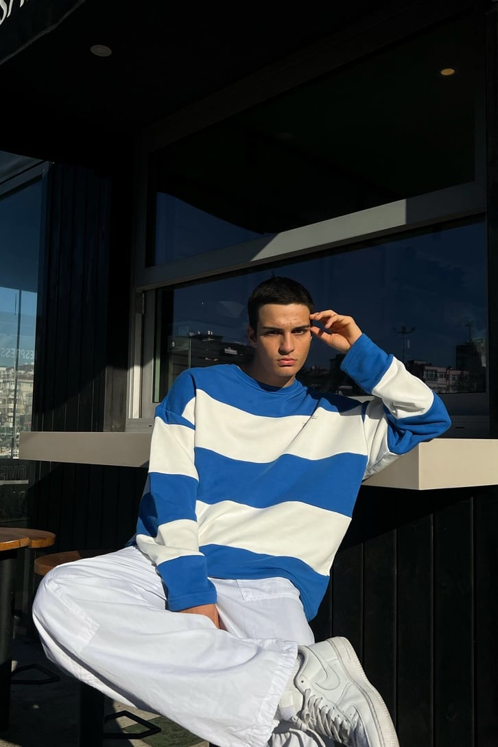Çizgili Mavi Oversize Sweatshirt