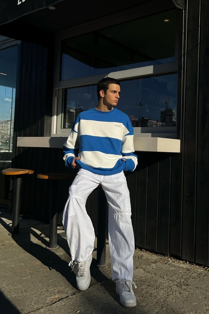 Çizgili Mavi Oversize Sweatshirt
