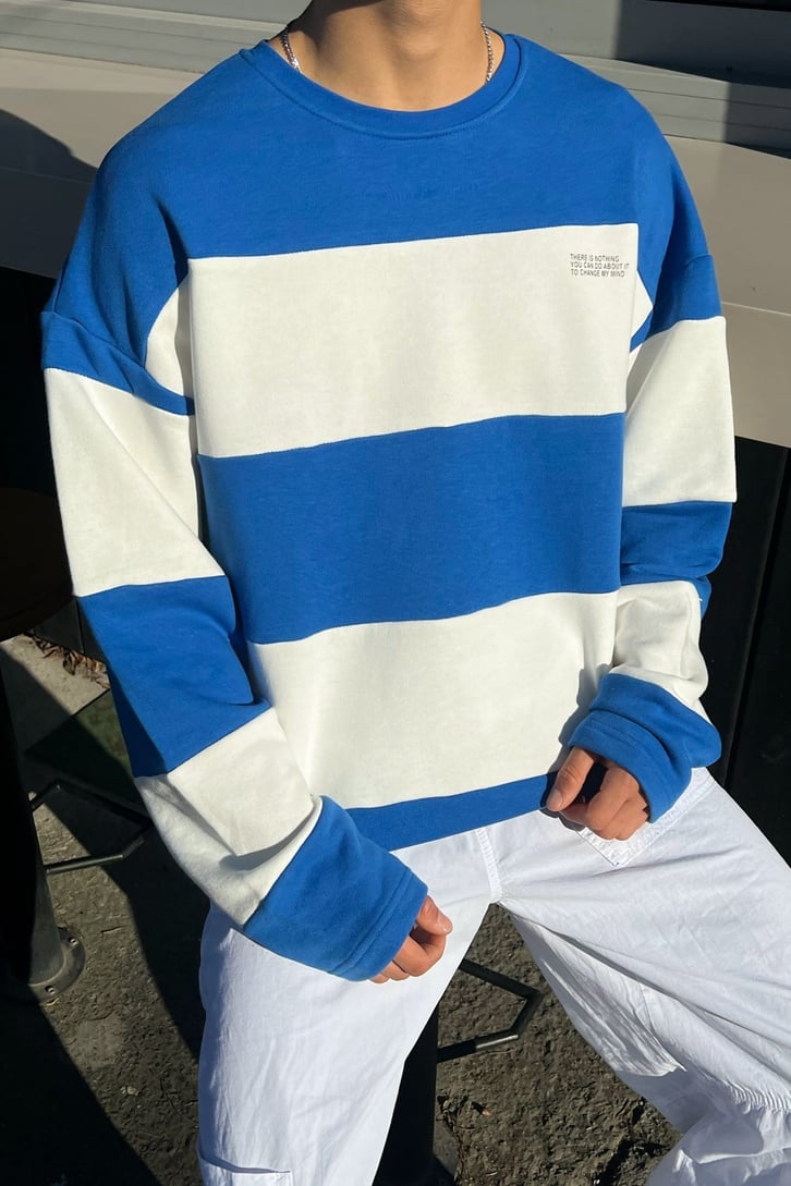 Çizgili Mavi Oversize Sweatshirt