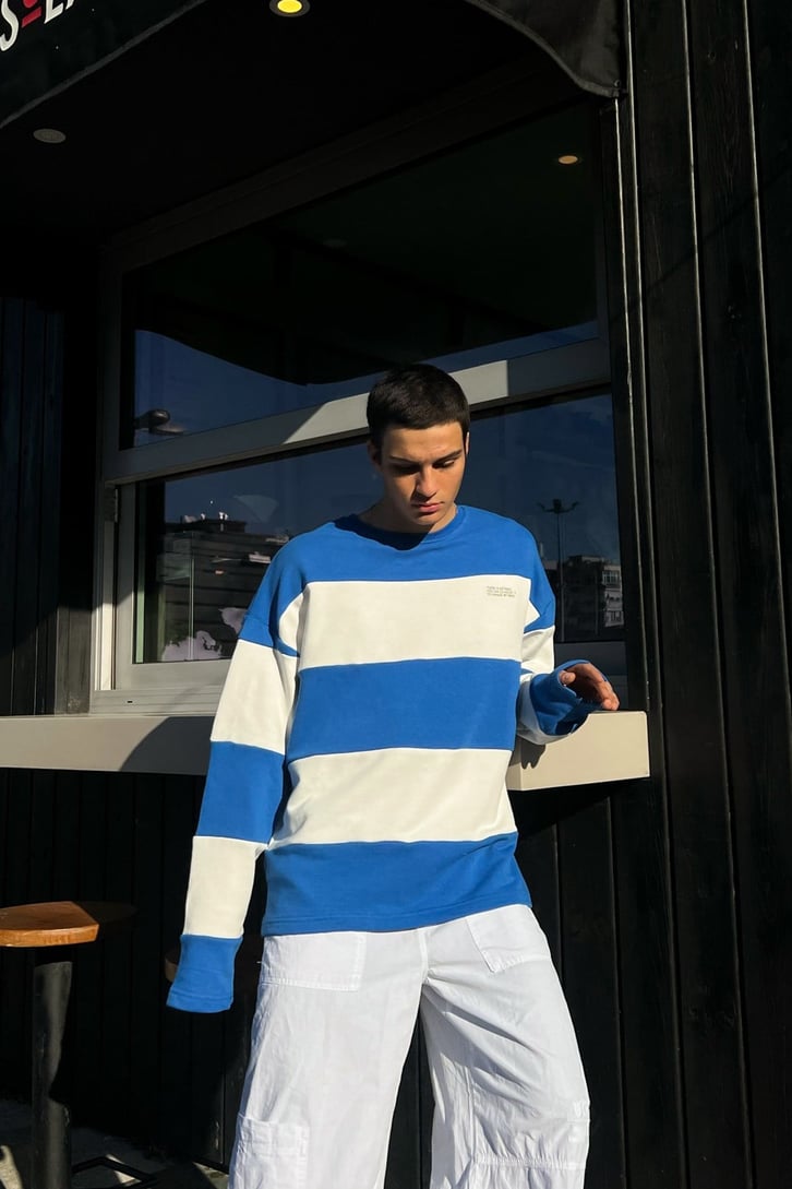 Çizgili Mavi Oversize Sweatshirt
