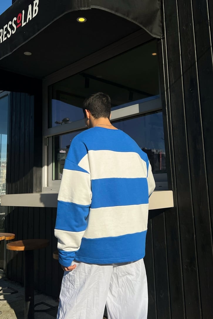 Çizgili Mavi Oversize Sweatshirt