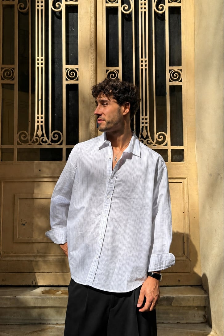 Çizgili Oversize Gömlek Beyaz