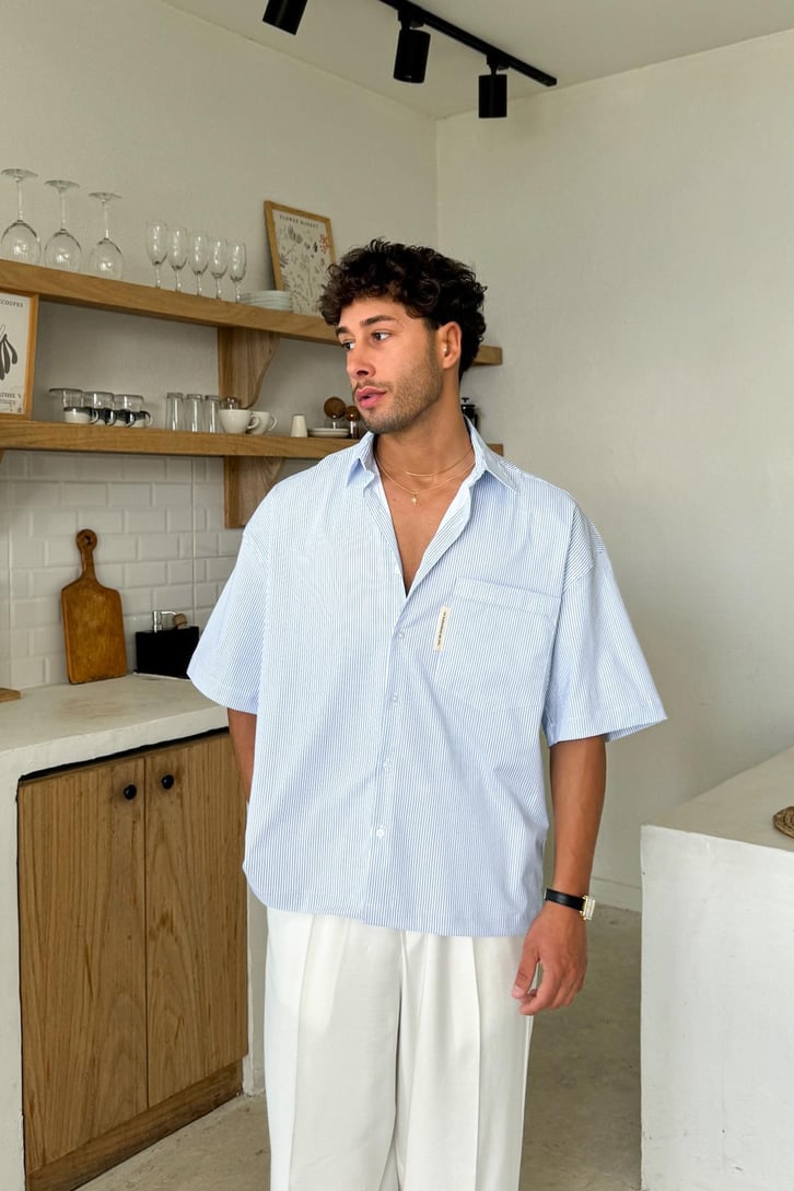 Çizgili Oversize Kısa Kol Gömlek