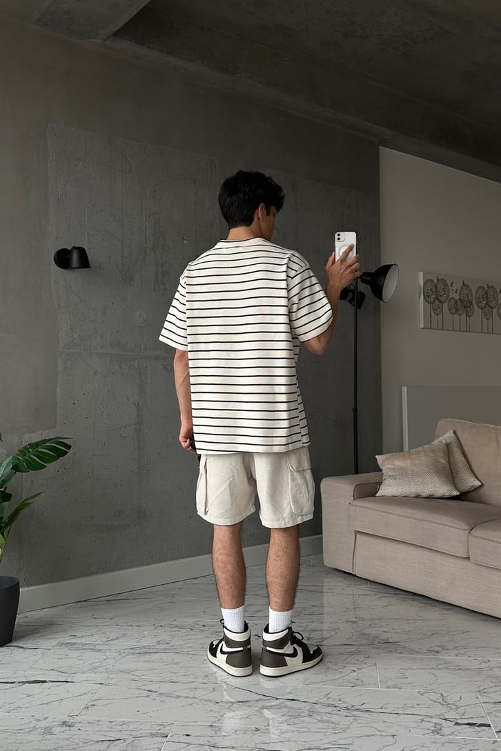 Çizgili Pike Kumaş Siyah Oversize Tişört