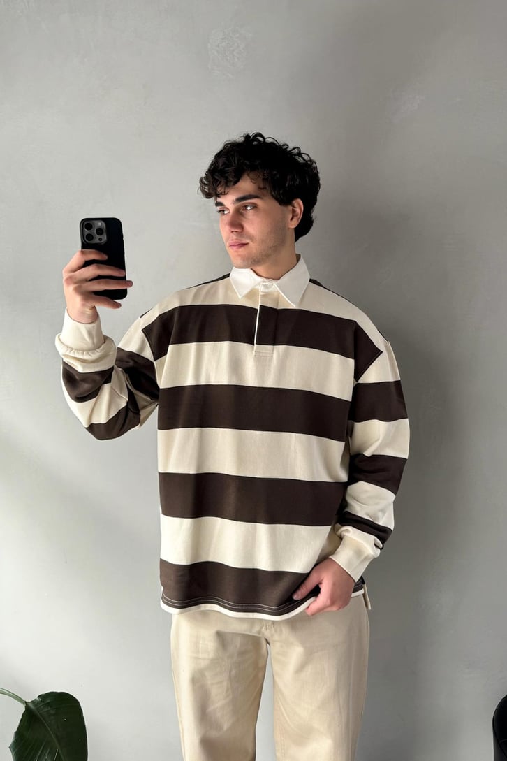 Çizgili Polo Yaka Koyu Kahve Uzun Kollu Sweatshirt